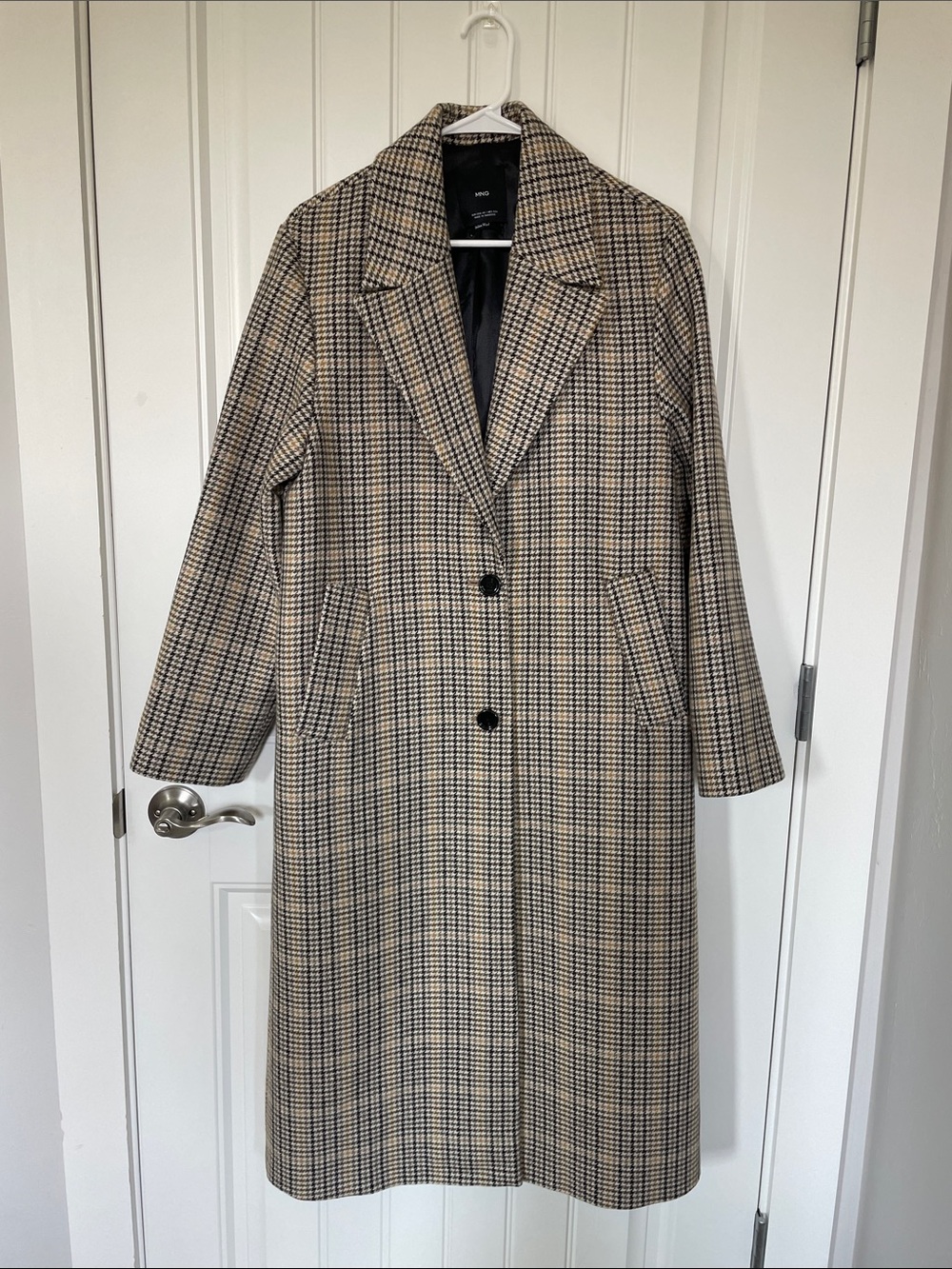 Mango Checked Pea Coat in Beige and Black